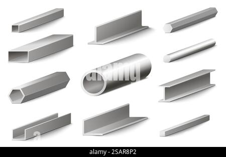 Verschiedene Metallprofile realistisch eingestellt auf weißem Hintergrund. Edelstahlstrahlrohr, Anker, Rohr, Träger und Trägervektor Illustration. Verschiedene Metallprofile Baumaterialien isolierter Satz Stock Vektor