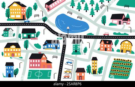 Abstraktes Doodle Country. Hübsche handgezeichnete gemütliche Cottage-Gebäude mit Bäumen. Landstraße und Büsche. Karikatur-Stadtplan. Vorstadtarchitektur. Immobilien. Vektor-Stadtbild-Illustration. Abstraktes Doodle Country. Handgezeichnete gemütliche Hüttengebäude mit Bäumen. Landstraße und Büsche. Kleiner Stadtplan. Vorstadtarchitektur. Immobilien. Vektor-Stadtbild-Illustration Stock Vektor