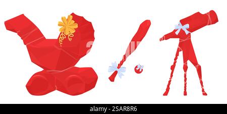 Verschiedene Geschenke, Geschenk Überraschung bedeckt mit rotem Geschenkpapier oder Tuch isoliert Set auf weißem Hintergrund. Perambulator, Baseballschläger mit Ball, tragbare Teleskop-Vektor-Illustration. Verschiedene Geschenke mit rotem Geschenkpapier oder Stoffset bedeckt Stock Vektor