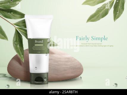3D-Illustration der pflanzlichen Kosmetik-Anzeige, einfaches und gesundes Hautpflegekonzept, Produktmock-up mit Kiesel und Zitroneneukalyptus. Gesunde Schönheit Produkt Anzeigenvorlage Stock Vektor