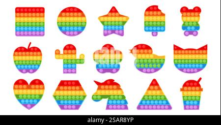 Einfaches Anti-Stress-Spielzeug. Farbenfrohe Regenbogenspiele für Finger. Verschiedene Formen zappeln sensorische Silikon-Gadget für Kinder mit knallenden und drückenden Blasen. Vektor-Zeichentrickfilm isolierte helle popit-Set. Einfaches Anti-Stress-Spielzeug. Farbenfrohe Regenbogenspiele für Finger. Verschiedene Formen zappeln Silikon-Gadget für Kinder mit knallenden und drückenden Blasen. Vektor-Cartoon isolierte popit-Set Stock Vektor