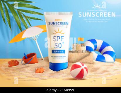 3D Sommersonnencreme Werbung. Illustration eines Sonnenschutzmittels an einem tropischen Strand mit Sandspielzeug. 3D Sommersonnencreme Werbung Stock Vektor