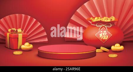 3D-Podestplatz für CNY. Hintergrund des Frühlingsfestes der runden Plattform mit Geschenkschachtel, Papierfächerschirm und Glückstasche, auf der es geschriebener Text des Segens auf Chinesisch ist. 3D-Podestplatz für CNY Stock Vektor