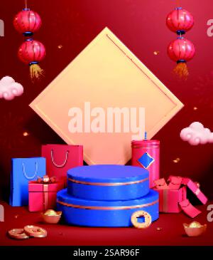 3D-Podium-Hintergrund für CNY. Wunderschöne blaue Bühne vor einem leeren Frühlingscouplet mit Geschenkartikeln, die vor rotem Hintergrund abgelegt werden. 3D-Podium-Hintergrund für CNY Stock Vektor