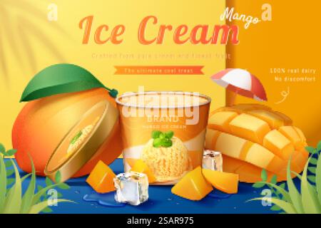 3D Mangoeis Werbung. Erfrischende Eisbecher mit Mangos und Eiswürfeln auf blauer Oberfläche. 3D Mangoeis Werbung Stock Vektor