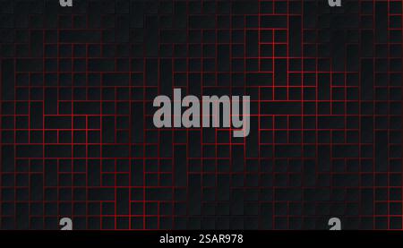 Dunkelschwarzes quadratisches Muster auf leuchtend rotem neonfarbenen Hintergrund im Technologiestil. Modernes futuristisches Webbannerdesign mit geometrischer Form. Sie können sie für Deckblattschablone, Poster verwenden. Vektorabbildung Stock Vektor