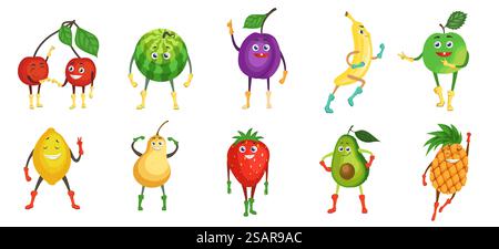 Niedlicher und lustiger Frucht-Charakter-Satz, flache Vektor-Illustration. Sommerfrüchte und Beeren. Glückliche Zeichentrickkirsche, Wassermelone, Pflaume, Banane, Apfel, Zitrone, Birne, Erdbeere, Avocado, Ananas mit Gesichtern... Niedlicher und lustiger Frucht-Charakter-Satz, flache Vektor-Illustration. Sommerfrüchte und Beeren mit Gesichtern. Stock Vektor
