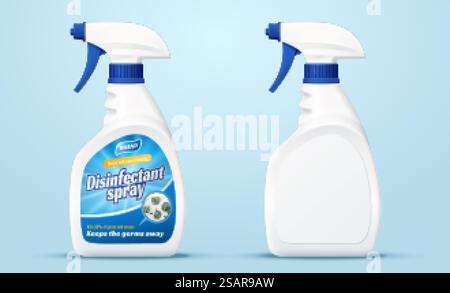 Set mit zwei Spritzflaschen aus Kunststoff. Sauberere Modelle auf hellblauem Hintergrund in 3D-Abbildung. Spritzflaschen aus Kunststoff Stock Vektor