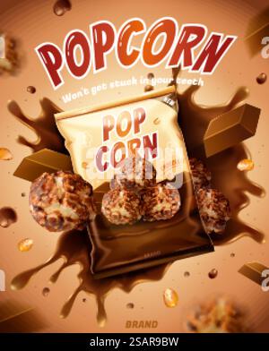 3D-Schokoladen-Popcorn-Werbung. Abbildung eines Schokoladen-Popcorn-Pakets mit Schokoladenriegel und spritzendem Sirup mit Geschmack auf dem Hintergrund. 3D-Schokoladen-Popcorn-Werbung Stock Vektor
