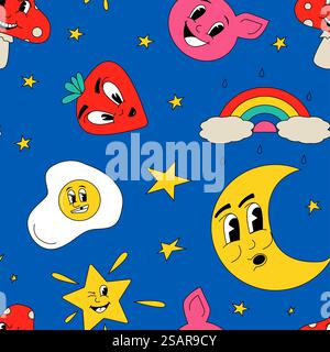 Zeichentrickfiguren-Muster. Nahtloses Design mit abstrakten Retro-Cartoon-Elementen. Lustiger Gesichtsausdruck. Clipart-Zeichencollage. Sterne und Regenbogen. Glückliches Schwein und Erdbeere. Vektorblaue Textur. Zeichentrickfiguren-Muster. Nahtloses Design mit abstrakten Retro-Cartoon-Elementen. Gesichtsausdruck. Clipart-Zeichencollage. Sterne und Regenbogen. Glückliches Schwein und Erdbeere. Vektortextur Stock Vektor