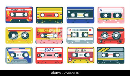 Retro-Kassette. Heavy Metal, Jazz oder Hip-Hop-Musik. Analoge Songplatten der 90er und 80er Jahre. Altmodische Audiogeräte. Sammlung von Stereo-Bändern. Farbenfrohe Musikgeräte im Vintage-Stil. Vektor-Pop-Art-Set. Retro-Kassette. Heavy Metal, Jazz oder Hip-Hop-Musik. Analoge Aufnahmen der 90er und 80er Jahre. Altmodische Audiogeräte. Sammlung von Stereo-Bändern. Farbenfrohe Musikgeräte. Vektor-Pop-Art-Set Stock Vektor