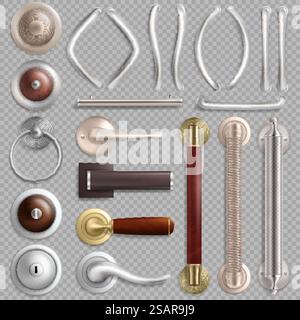 Realistische Metalltürgriffe, Knöpfe und Schlösser, Vektorillustration isoliert auf transparentem Hintergrund. Realistische Metalltürgriffe, Vektor-isolierte Illustration Stock Vektor