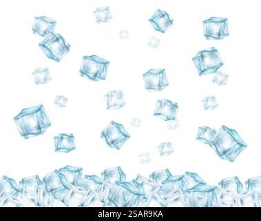 Fallende Eiswürfel, realistische Vektor-3D-Illustration. Gefrorene Wasserwürfel abstrakter Hintergrund, Tapete. Fallende Eiswürfel, realistische Vektor-3D-Illustration Stock Vektor