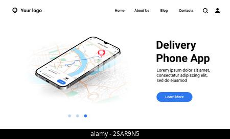 Landingpage für Stadtplan des Telefons. Schnittstelle für mobile Bereitstellungsanwendungen. Online-Tracking-Kurierroute auf Stadtplan. Website-UI realistisches Design, Smartphone-GPS-Dienst mit Tasten. Vektorwebmodell. Landingpage für Stadtplan des Telefons. Schnittstelle für mobile Bereitstellungsanwendungen. Online-Tracking-Kurierroute auf Stadtplan. Design der Website-Benutzeroberfläche, Smartphone-Service mit Tasten. Vektorwebmodell Stock Vektor