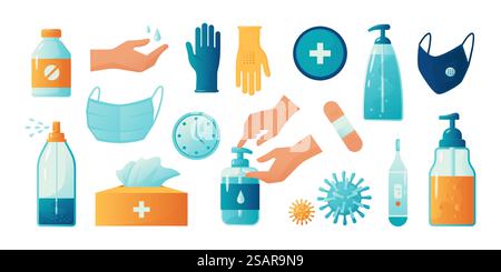 Händedesinfektion. Alkoholdesinfektionsspray und -Gel. COVID-19-Prophylaxe. Schutzmaske oder Latexhandschuhe. Flaschen mit Seife zum Waschen von Armen. Reinigungsantibakterielle Antiseptika. Vektor-PSA-Set. Händedesinfektion. Alkoholdesinfektionsspray und -Gel. COVID-19-Prophylaxe. Schutzmaske oder Latexhandschuhe. Flaschen mit Seife zum Waschen von Armen. Antibakterielles Antiseptikum. Vektor-PSA-Set Stock Vektor