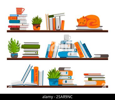 Bücherregale. Karikaturregal im Bibliotheksraum. Platz für Aufbewahrungsbücher. Isoliertes Rack mit Stapeln von Lehrbüchern oder Notizblöcken, Blumentöpfen und Kaffeetassen. Innenschablone im Hygge-Stil. Vektormöbel. Bücherregale. Regal im Bibliotheksraum. Platz für Aufbewahrungsbücher. Gestell mit Stapeln von Lehrbüchern oder Notizblöcken, Blumentöpfen und Kaffeetassen. Innenschablone im Hygge-Stil. Vektormöbel Stock Vektor