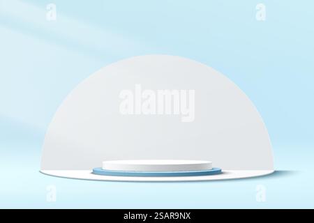 Abstraktes Podium mit weißem und blauem 3D-Zylinder und weißem halbkreisförmigem Hintergrund. Pastellblaue Minimal-Wandszene für Produktpräsentationen. Geometrische Plattformkonstruktion für Vektorrendering. Stock Vektor