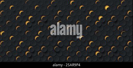 Abstraktes, zufälliges Punktmuster auf dunklem Hintergrund. Schwarz-Gold 3D auf schwarzem Papier, runder Schnitt. Modernes Kreismuster. Vektorabbildung Eps10. Stock Vektor