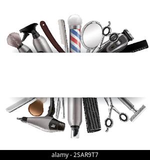 Friseurrahmen, Vektorillustration. Realistischer Spiegel, Schere, Kamm, Haartrockner, Haarschneider, Rasierpinsel, Friseurstab, andere Pflegewerkzeuge für Herren und Kopierraum. Friseurrahmen mit Friseurwerkzeugen, realistische Vektorillustration Stock Vektor