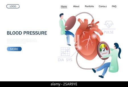Website-Vorlage für Blutdruckvektor, Website- und Landing-Page-Design für Website- und mobile Website-Entwicklung. Kardiologie, Hypotonie und Hypertonie, Sphygmomanometer. Design-Vorlage für die Landing-Page-Website des Blutdruckvektors Stock Vektor