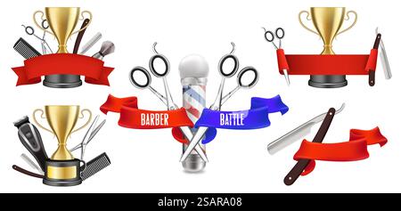 Barber Wettbewerb Logo, Emblem mit goldenen Trophäenpreis, Friseur Werkzeuge, Vektor Illustration isoliert auf weißem Hintergrund. Barber Battle Show Festival Labels... Barber Wettbewerb Logo, Emblem Set, Vektor isolierte Illustration Stock Vektor