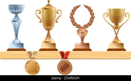 Preisregal. Trophäenbecher und Medaillen. Gewinnbelohnung isoliert auf weißem Hintergrund. Preisregal. Trophäenbecher und Medaillen. Gewinnprämie Stock Vektor