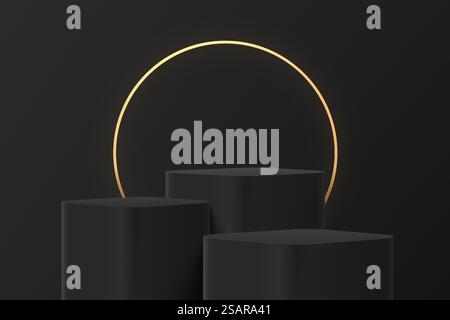Abstrakte schwarze 3D-Stufen mit runden Eckwürfeln oder Podium mit goldenem Ring im Hintergrund. Dunkle minimale Wandszene für Produktpräsentationen. Geometrische Vektor-Rendering-Plattform. Stock Vektor