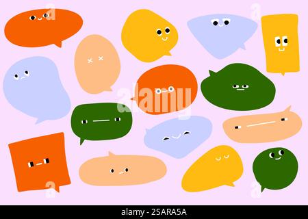 Chatblase mit Gesichtern. Kritzeln Sie Comic-Ikonen, Sprechballon Formen verschiedene Emotionen, moderne flache Aufkleber. Vektor-isolierte Reihe von Doodle-Sprache-Comic-Illustration. Chatblase mit Gesichtern. Kritzeln Sie Comic-Ikonen, Sprechballon Formen verschiedene Emotionen, moderne flache Aufkleber. Vektor-isolierter Satz Stock Vektor