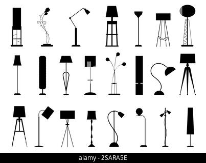 Silhouetten der Stehleuchte. Moderne helle Möbel, dekoratives Licht für Büro und Zuhause, hohe Lampen und Stehlampen. Vektor isolierter Satz von Lichtlampen-Silhouette für Innenillustration. Silhouetten der Stehleuchte. Moderne helle Möbel, dekoratives Licht für Büro und Zuhause, hohe Lampen und Stehlampen. Vektor-isolierter Satz Stock Vektor