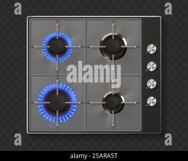 Gasherd. Realistisches modernes Küchengerät. 3D-Ofen mit ein- und Ausschaltbrennern auf transparentem Hintergrund. Draufsicht auf Haushaltsgeräte zum Kochen von Mahlzeiten. Vektor, der Lebensmittel auf blauem brennendem Feuer vorbereitet. Gasherd. Realistisches Küchengerät. 3D-Ofen mit ein- und Ausschaltbrennern auf transparentem Hintergrund. Draufsicht auf Haushaltsgeräte zum Kochen von Mahlzeiten. Vektor, der Lebensmittel auf brennendem Feuer vorbereitet Stock Vektor