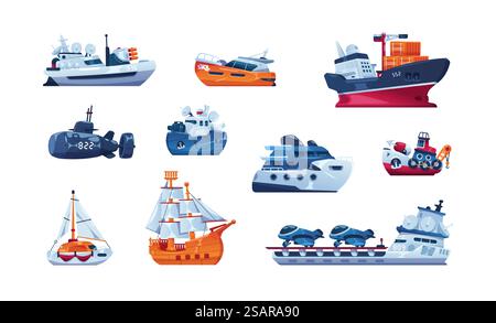 Cartoon-Boote. Seeverkehr. Fischtrawler und Frachtschiff. Segelboot aus Holz. Lustiges U-Boot und Kriegsschiff. Abgelegene Fähre oder Dampfschiff. Farbenfrohe Kreuzfahrtyacht. Vektorversand- oder Passagierschiffe eingestellt. Cartoon-Boote. Seeverkehr. Fischtrawler und Frachtschiff. Segelboot aus Holz. Lustiges U-Boot und Kriegsschiff. Fähre oder Dampfschiff. Kreuzfahrtyacht. Vektorversand- oder Passagierschiffe eingestellt Stock Vektor