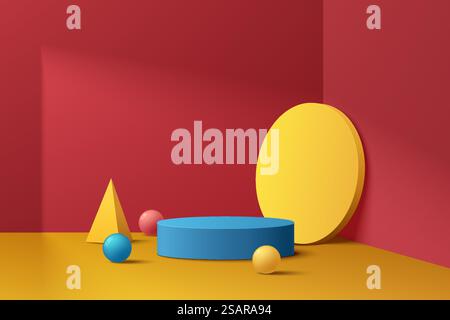 Abstrakter 3D-Raum mit realistischem geometrischem Podest-Design in Blau, Gelb und Rot. Minimale Wandszene für Produktpräsentationen. Geometrische Plattformkonstruktion des Vektors. Bühne für Showcase. Stock Vektor