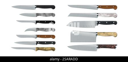 Küchenmesser. Realistische Kochwerkzeuge. Scharfe 3D-Dolche aus Edelstahl mit Holz- und Marmorgriffen. Isoliertes Küchengeschirr aus Metall zum Schneiden von Lebensmitteln. Vector verschiedene Arten von Kochgeräten. Küchenmesser. Realistische Kochwerkzeuge. Scharfe 3D-Dolche aus Edelstahl mit Holz- und Marmorgriffen. Isoliertes Küchengeschirr zum Schneiden von Lebensmitteln. Vektortypen von Kochgeräten Stock Vektor
