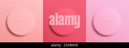 Set aus rosafarbenen und roten 3D-Tafelrahmen in kreisförmiger Form in Pastellfarben. Sammlung geometrischer Hintergründe für die Darstellung kosmetischer Produkte. Design. Draufsicht auf Sockel oder Podium. Vektorabbildung. Stock Vektor