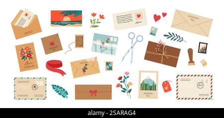 Umschlag mit Letter. Cartoon Postkarten mit Briefmarken und Blumen. Grußkarte Postversand. Isolierte, niedliche Elemente für die Dekoration von Einladungen aus Weihnachtspapier. Vektorkorrespondenzsatz. Umschlag mit Letter. Cartoon Postkarten mit Briefmarken und Blumen. Grußkarte Postversand. Niedliche Elemente zum Dekorieren von Einladungen aus Weihnachtspapier. Vektorkorrespondenzsatz Stock Vektor