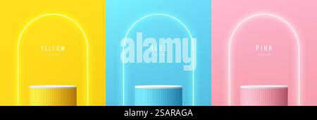 Set aus gelbem, blauem, rosa, weißem, realistischem 3D-Zylinderständer mit leuchtendem Neon in Bogenform. Abstrakter Vektor, der geometrische Formen wiedergibt. Minimale Szene. Bühnenpräsentation, Modellvorstellung Produktpräsentation. Stock Vektor