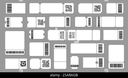 Ticket-Vorlage mit Code. Strichcode-Etikett mit Text, Stich-Ticket mit QR-Code und Strichcode. Mockup für Event Ticket Vektor der Vorlage Gutschein Geschenkset mit Strichcode Illustration. Ticket-Vorlage mit Code. Strichcode-Etikett mit Text, Stich-Ticket mit QR-Code und Strichcode. Modell für Ereignisticket-Vektor Stock Vektor