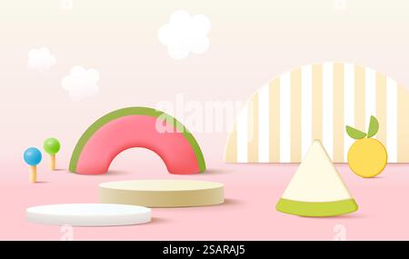 3D-Podium auf Pastellhintergrund abstrakte geometrische Formen, Kinderproduktpräsentation Stock Vektor
