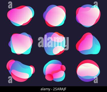 Organische Verlaufsformen. Abstrakte bunte Figuren mit verschiedenen gesättigten Farben. Bunte flüssige Moleküle, Blasen- und Spritzwasser-Vektorsatz der flüssigen Form Illustration. Organische Verlaufsformen. Abstrakte bunte Figuren mit verschiedenen gesättigten Farben. Bunte flüssige Moleküle, Blasen- und Spritzwasservektorset Stock Vektor