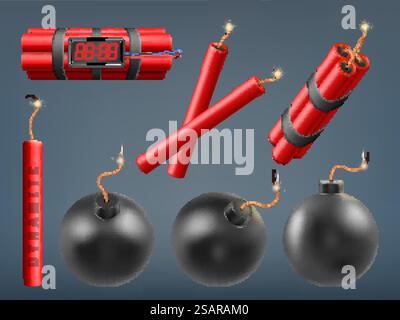 Realistische Bomben, brennende Dynamit-Bombenstöcke und explosive Feuerwerkskörper. Dynamit-Bomben, Vektor-Illustration Set für explosive militärische Waffen. Sprengstoff steckt Gefahr, gefährliche Warnung. Realistische Bomben, brennende Dynamit-Bombenstöcke und explosive Feuerwerkskörper. Dynamit-Bomben, Vektor-Illustration Set für explosive militärische Waffen. Explodieren Sie Dynamit-Sticks Stock Vektor