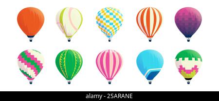 Heißluftballons. Farbenfrohe Luftschiffe. Hell gestreifte Kuppeln mit Körben. Isolierter Retro- oder Festival-Flugverkehr. Das Fahrzeug steigt in den Himmel. Romantischer Sommerflug. Vektor-Aerostat-Symbole gesetzt. Heißluftballons. Farbenfrohe Luftschiffe. Hell gestreifte Kuppeln mit Körben. Retro- oder Festival-Flugverkehr. Das Fahrzeug steigt in den Himmel. Romantischer Sommerflug. Vektoraerostate Set Stock Vektor