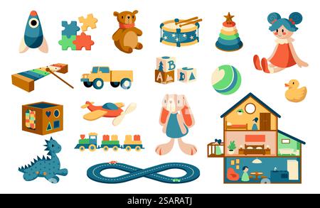 Zeichentrickspielzeug. Gegenstände für Babys zum Spielen. Kinder lernen Puzzle und Puzzles. Isolierte Plüschtiere oder niedliches Puppenhaus. Musikinstrumente für Kinder. Lustige bunte Spielsachen-Set mit Vektor. Zeichentrickspielzeug. Gegenstände für Babys zum Spielen. Kinder lernen Puzzle und Puzzles. Plüschtiere oder niedliches Puppenhaus. Musikinstrumente für Kinder. Farbenfrohe Spielsachen mit Vektor Stock Vektor