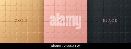 Satz von abstraktem 3D-Luxus-Farbverlauf Gold, Roségold und schwarzem quadratischen Muster Hintergrund. Nahtlose geometrische Fliesenkollektion. Kann für Cover, Poster, Bannerweb, Flyer, Printwerbung verwendet werden. Vektor-EPS10 Stock Vektor