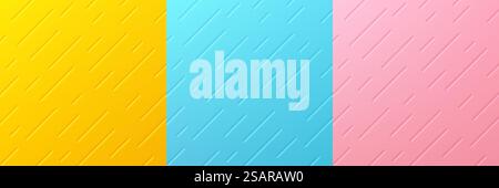 Set aus abstraktem Gelb, Rosa und Blau mit zufälligen diagonalen Streifen Texturhintergrund für Produktpräsentation. Sammlung von pastellfarbenen geometrischen Mustern mit Kopierraum. Vektor-EPS10 Stock Vektor