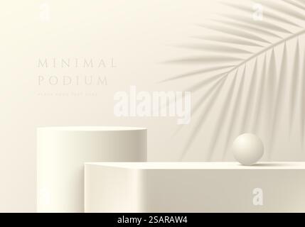 Abstrakter beigefarbener 3D-Hintergrund, realistischer Steps Cremewürfel und Zylinderständer Podium mit Palmblattschatten-Überlagerung. Minimale Szene für Modellproduktanzeige. Geometrische Vektorformen. Rundbühne Stock Vektor