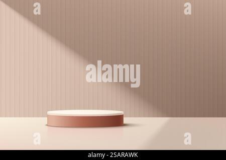 Dunkelrosa Plattformpodium mit Zylinder in minimalem Stil. Fensterbeleuchtung. Abstrakte Wandszene in beigefarbener Farbe. Geometrischer Sockel mit Schatten. Vektor-Rendering der 3D-Form für Produktpräsentation. Stock Vektor