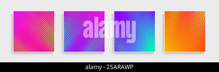 Set aus abstrakten Punktmustern mit leuchtenden Farben in Pink, Blau, Lila, Orange Gelb. Trendiges Design aus der Textur-Kollektion mit Farbpunkten. Kann für Cover, Poster, Bannerweb, Flyer, Printwerbung verwendet werden. Vektor-EPS Stock Vektor