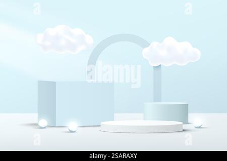 Abstraktes Podium mit weißem, blauem 3D-Würfel und Zylinder mit Wolkenflug und Bogenhintergrund. Pastellblaue Minimal-Wandszene für Produktpräsentationen. Geometrische Vektor-Rendering-Plattform. Stock Vektor