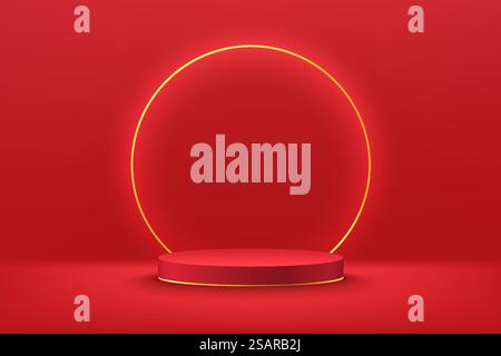 Abstrakter roter 3D-Zylindersockel oder Podium mit leuchtendem goldenem Neonring. Dunkelrote minimale Wandszene für Präsentationen von Kosmetikprodukten. Geometrische Plattformkonstruktion für Vektorrendering. Stock Vektor