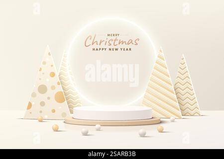 Abstraktes realistisches Podium mit braunem, goldenem Zylinder in 3D mit edlem weihnachtsbaum und Ball. Frohe weihnachten und ein glückliches neues Jahr für die Produktpräsentation. Vektor-Rendering-Plattform. Stock Vektor